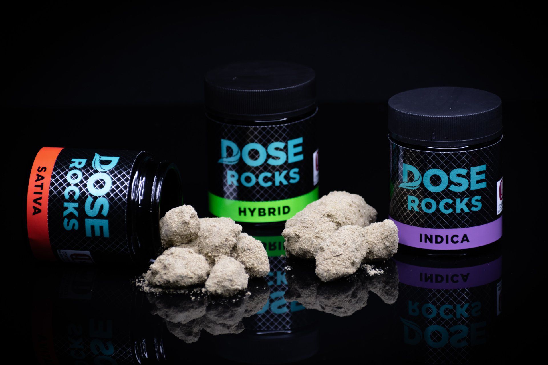 Three jars of dose rocks are sitting next to each other on a table.
