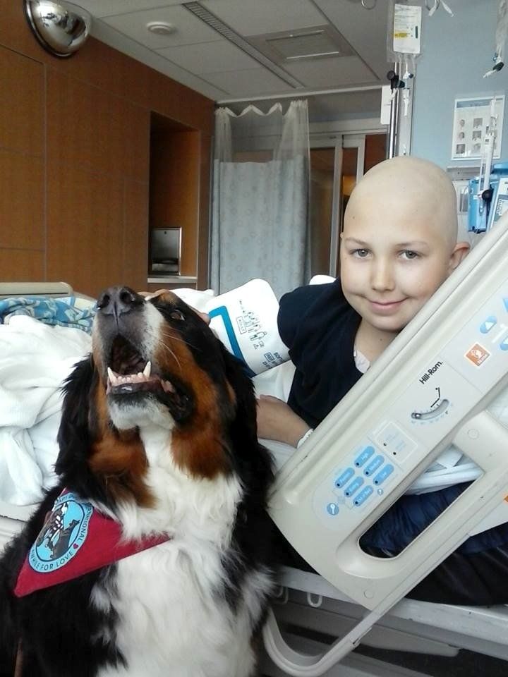 Samuel in the hospital with a therapy dog.