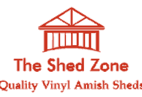 Logo for The Shed Zone with a red shed icon and the text “Quality Vinyl Amish Sheds”