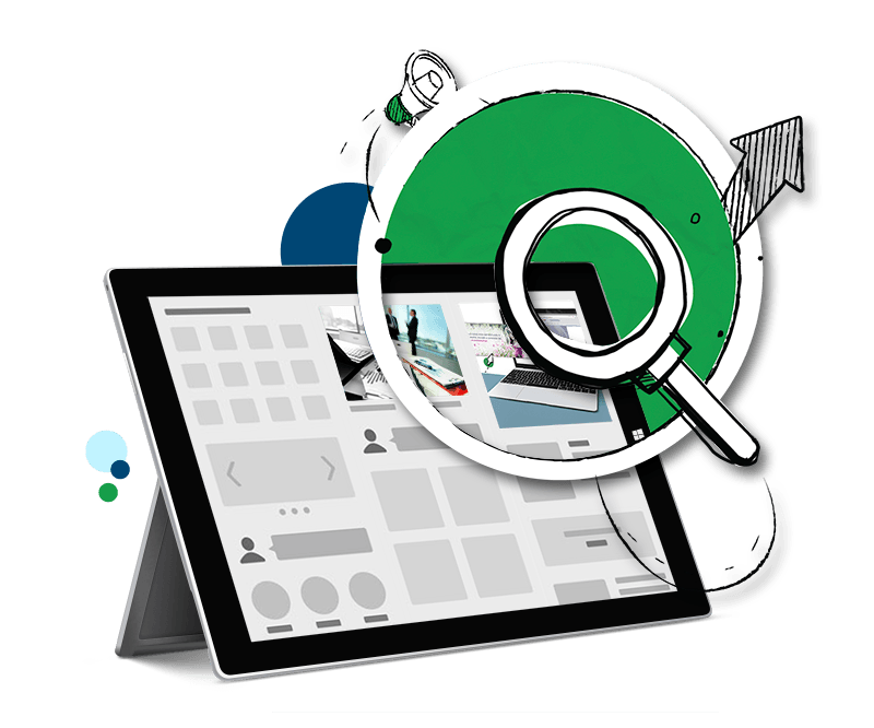 A tablet with a magnifying glass on top of it.