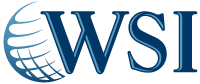 A blue logo for wsi with a globe in the middle
