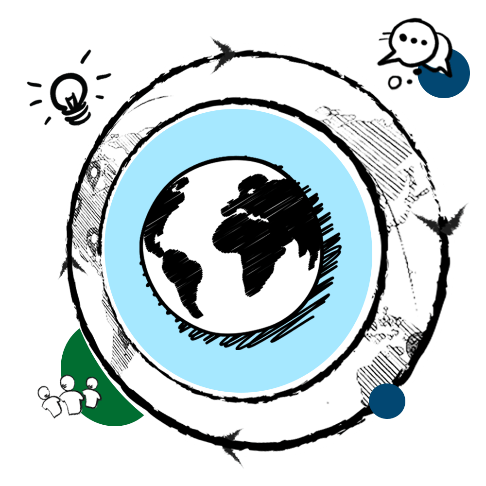 A drawing of a globe with a light bulb and speech bubbles around it