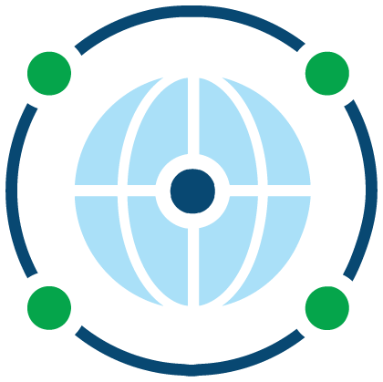 A blue globe with a green circle around it