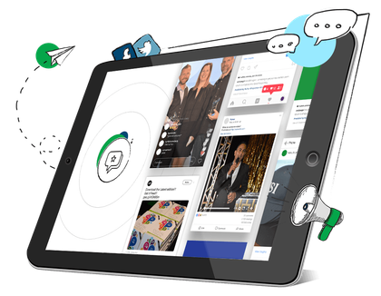A tablet with a cartoon character holding a megaphone next to it