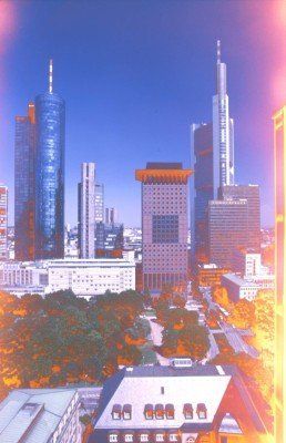 Eine Skyline einer Stadt mit vielen hohen Gebäuden und Bäumen
