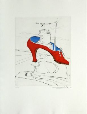 Eine Zeichnung eines rot-blauen Schuhs auf einem Tisch.