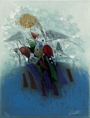 Ein Gemälde mit einer Reihe verschiedenfarbiger Objekte auf einem blauen Hintergrund.