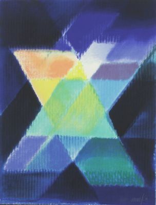 Ein Gemälde eines bunten Sterns auf blauem Hintergrund.
