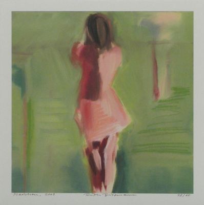Ein Gemälde einer Frau in einem rosa Kleid, die auf einem Feld steht.
