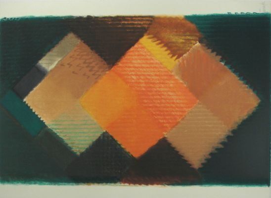 Ein Gemälde aus Quadraten in verschiedenen Farben auf schwarzem Hintergrund