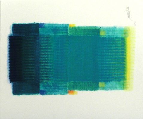 Ein blaues und gelbes Gemälde auf weißem Hintergrund