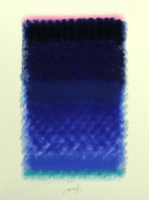 Ein Gemälde eines blauen und rosa Quadrats auf weißem Hintergrund.