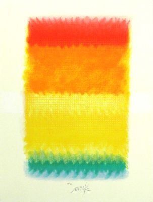 Ein Gemälde eines Regenbogens von Farben auf weißem Hintergrund