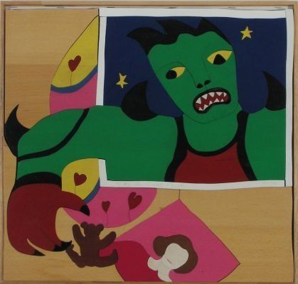 Ein Gemälde eines grünen Monsters mit gelben Augen