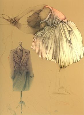 Eine Zeichnung einer Ballerina, die neben einer Schaufensterpuppe steht