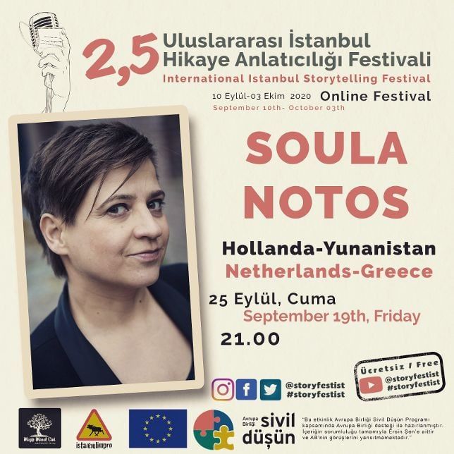 Poster van Soula Notos voor het Istanbul Storytelling Festival, met portret en evenementdetails in het Turks en Engels.