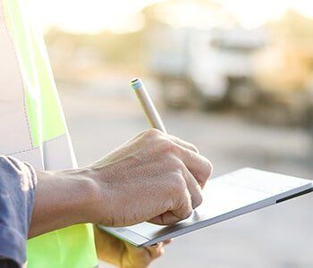Person in safety vest writing on a tablet outdoors.
