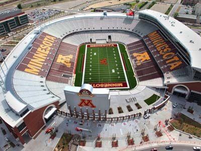 Aerial view of Huntington Bank Stadium, home to the University of Minnesota Golden Gophers.