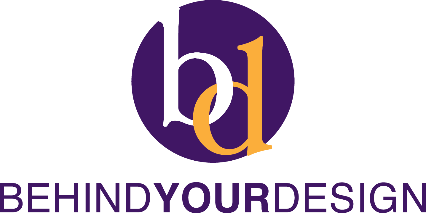 Purple circular logo with stylized gold letters and the text “BEHINDYOURDESIGN” beneath it.