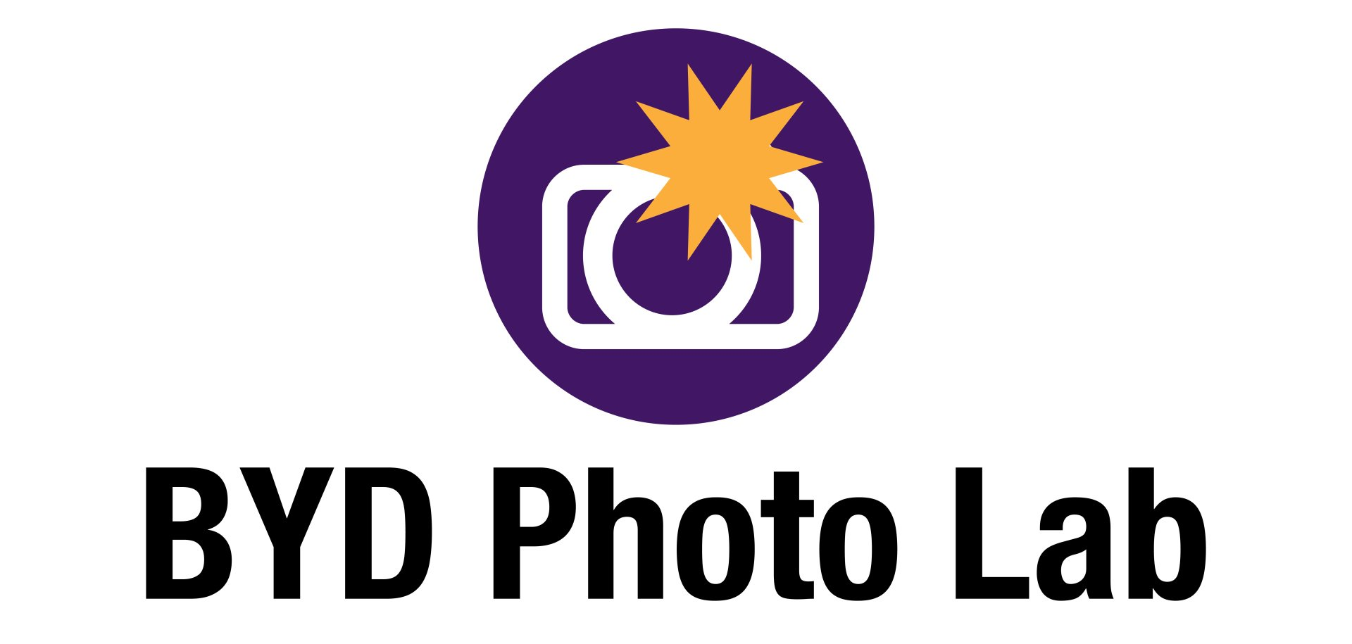 BYD Photo Lab logo with purple camera icon and yellow starburst above the text