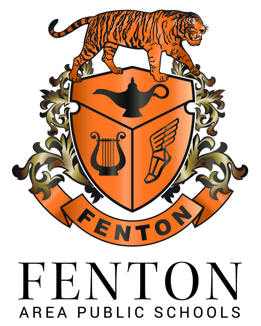 A logo for fenton area public schools with a tiger on top of a shield