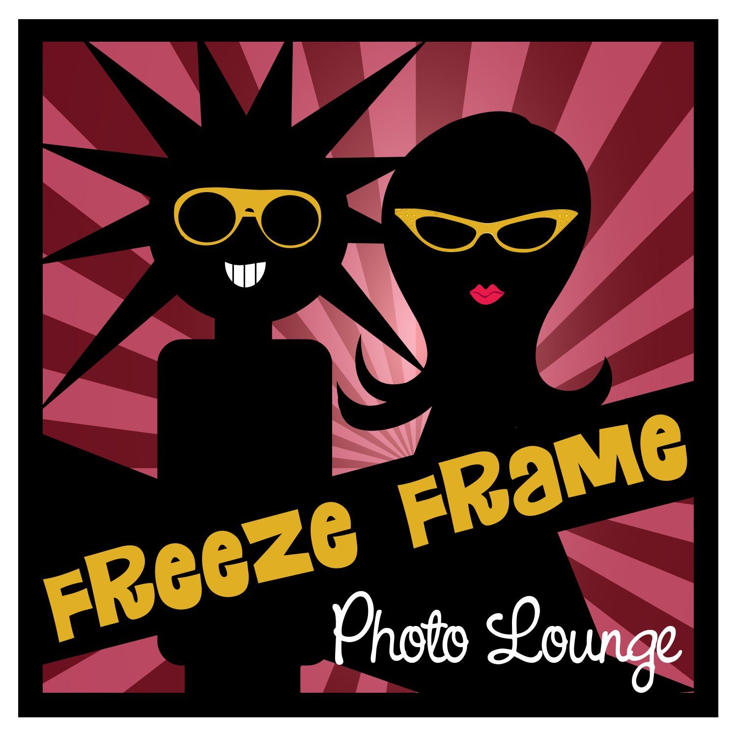 Pink poster with two black silhouettes in sunglasses and “Freeze Frame Photo Lounge” text