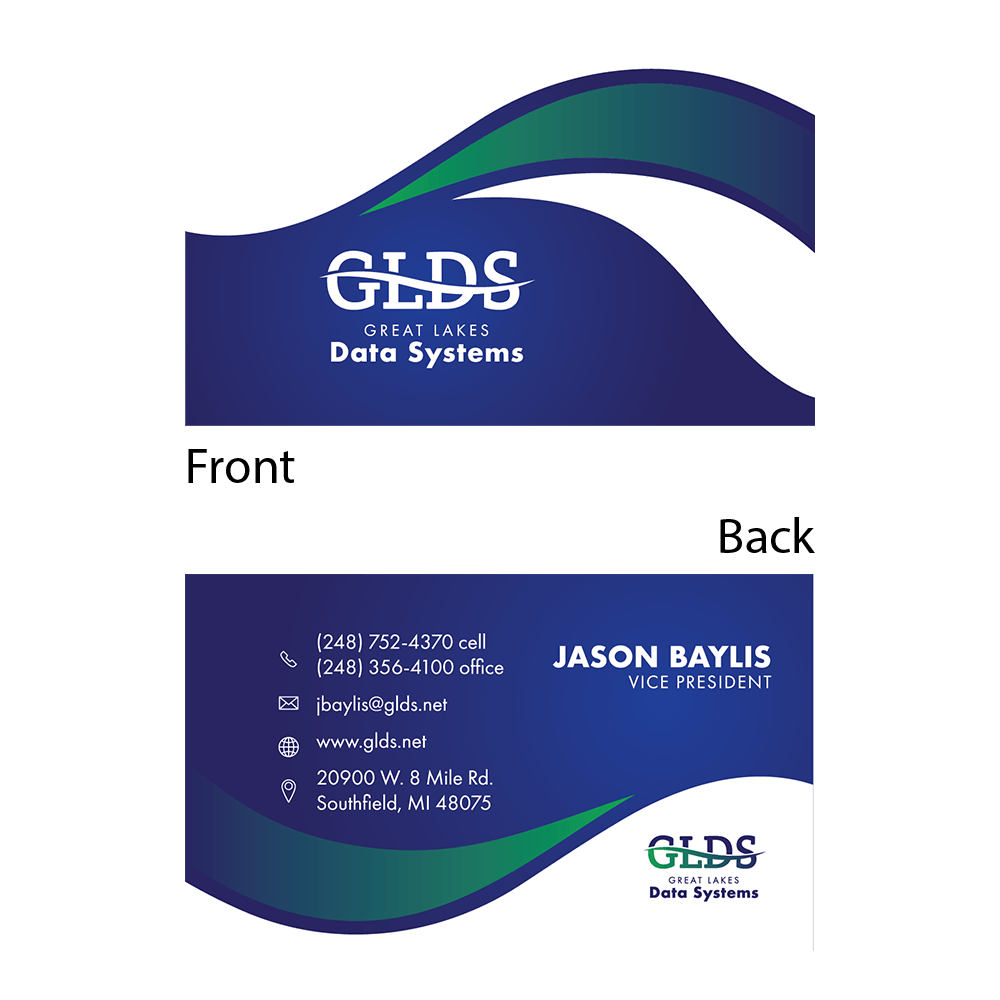 The front and back of a business card for glds data systems