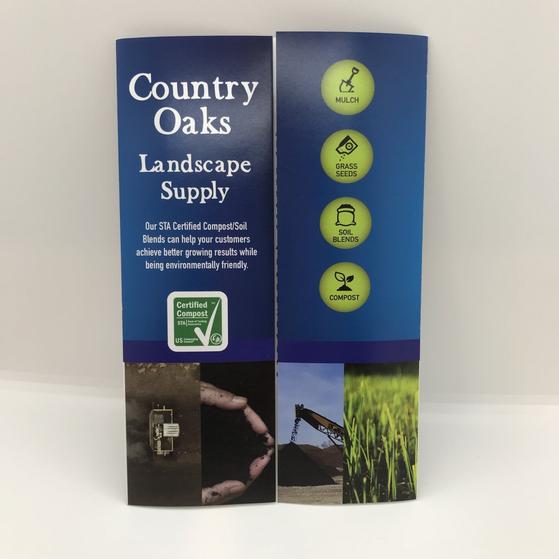 A blue brochure for country oaks landscape supply
