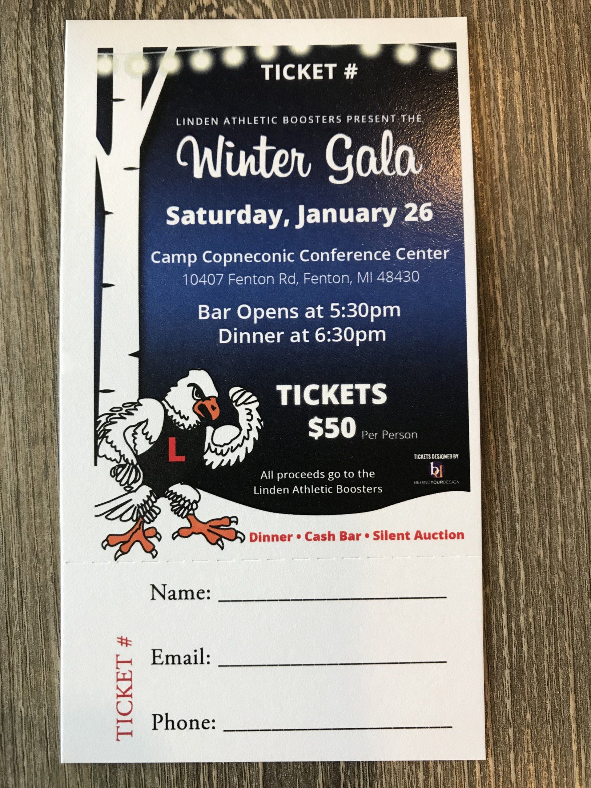 Winter Gala ticket flyer with black background, Santa illustration, event details, and blank name/email/phone lines