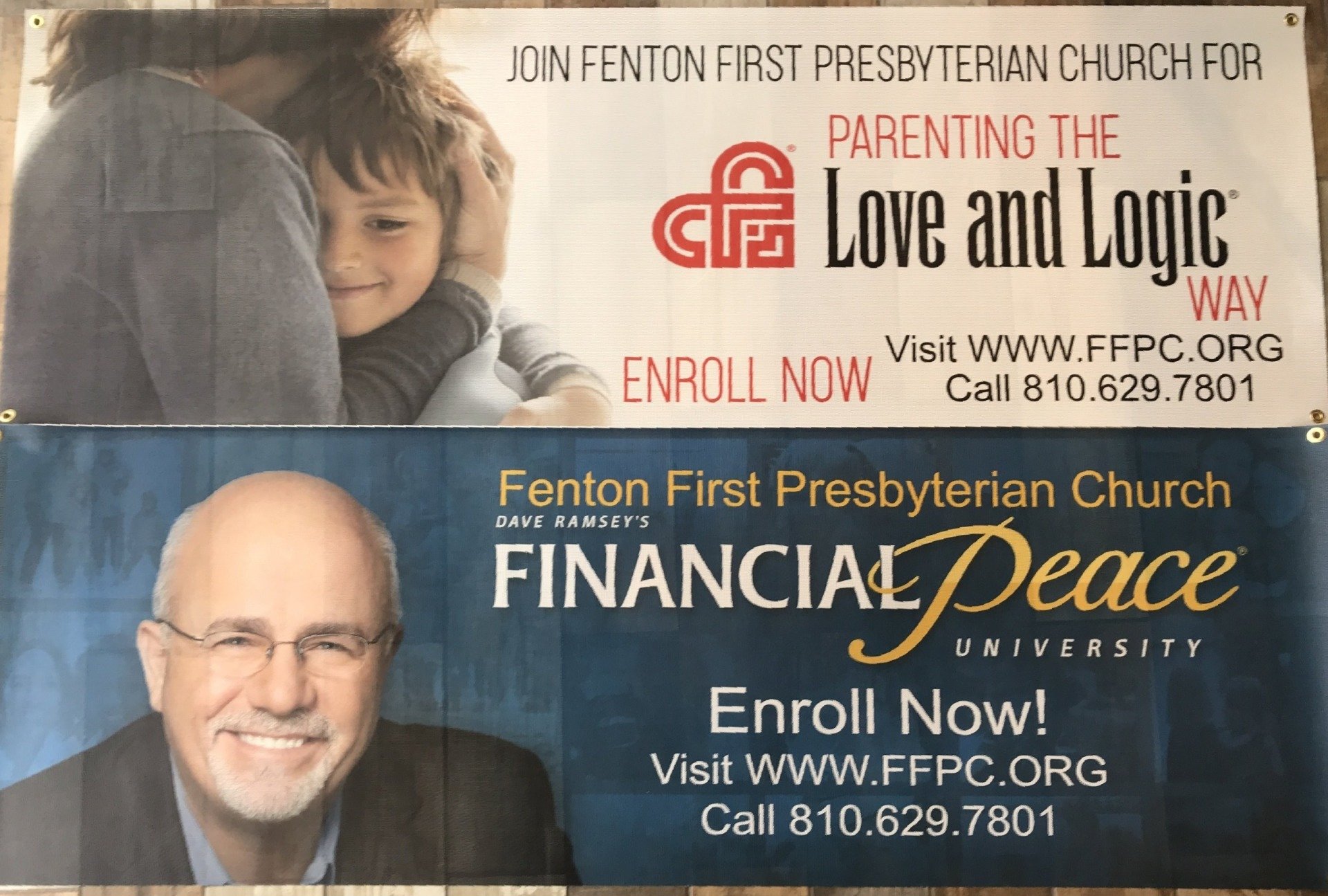 Two church flyers promoting “The Love and Logic” and “Financial Peace” classes with enrollment info
