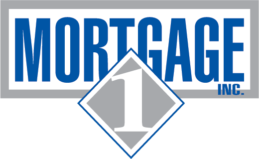 Mortgage 1 Inc. logo in blue and gray with a diamond-shaped “1” icon