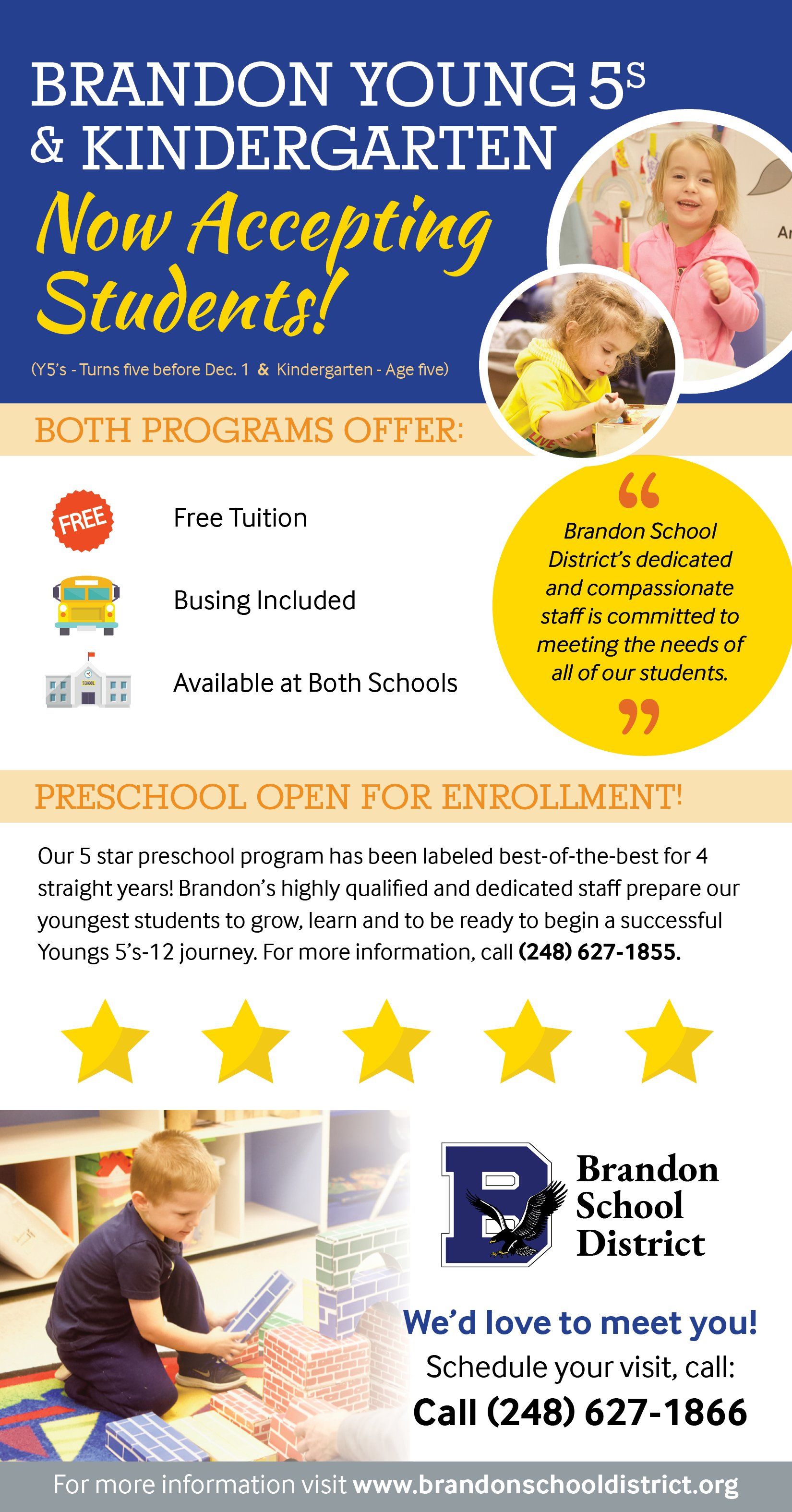 A flyer for brandon young 5 and kindergarten is now accepting students.