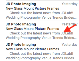 Email list showing repeated JD Photo Imaging newsletter previews with a red arrow pointing to “Yesterday” label