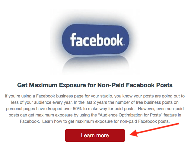 Facebook ad promoting maximum exposure for non-paid posts, with a red “Learn more” button and arrow.