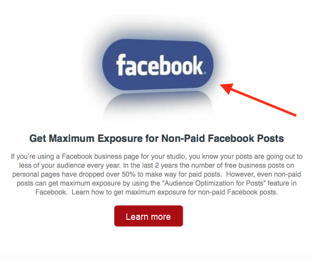 Facebook logo ad with a red arrow pointing to the logo and a “Learn more” button below