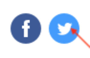 Facebook and Twitter icons, with a red arrow pointing at the Twitter icon