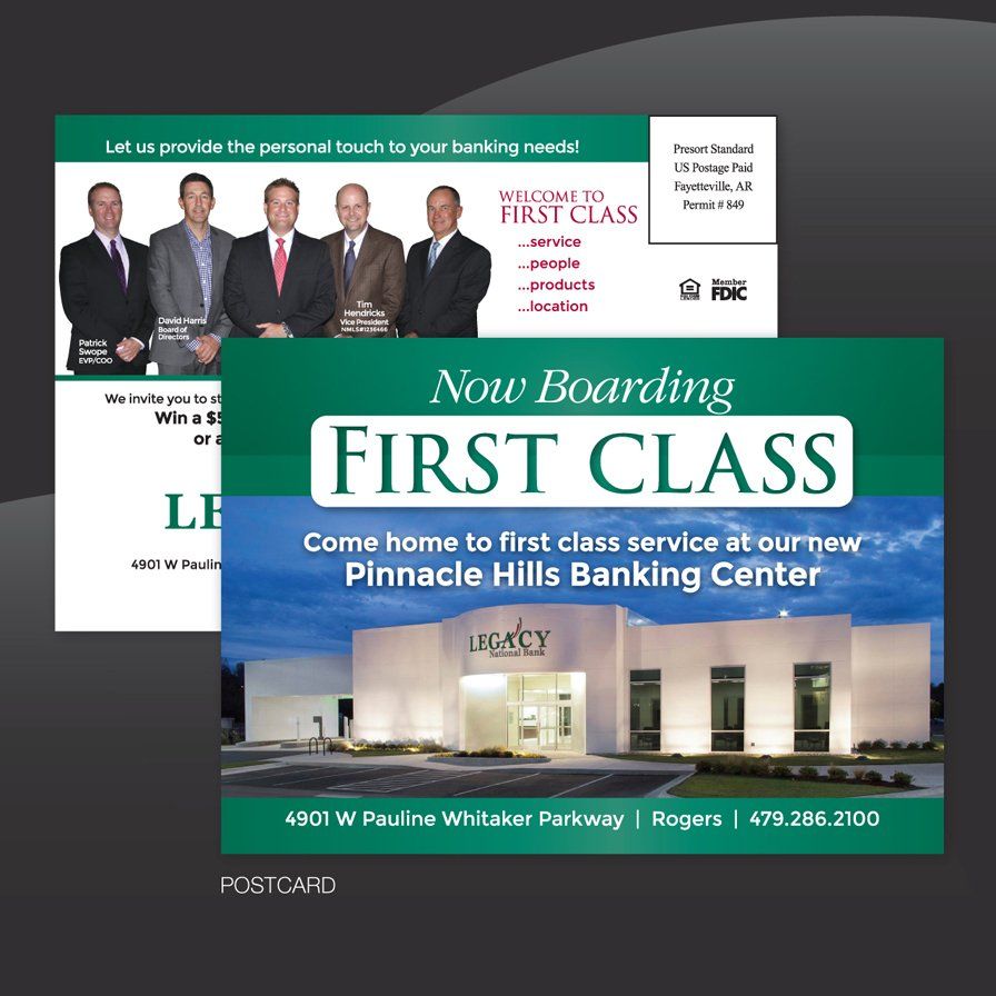 legacy bank postcard, print layout, ad agency