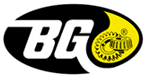 BG logo in black and yellow with stylized lettering and gear emblem