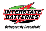 Interstate Batteries logo with green and red lightning bolt and “Outrageously Dependable” slogan