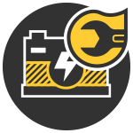 Yellow and white wrench over a battery icon with lightning bolt on a dark circle