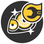 Stylized black-and-gold coin with sparkles and a wrench icon on a dark circular background