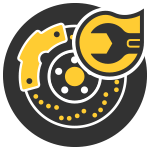 Stylized black, yellow, and gray wrench over a gear and circular dots icon