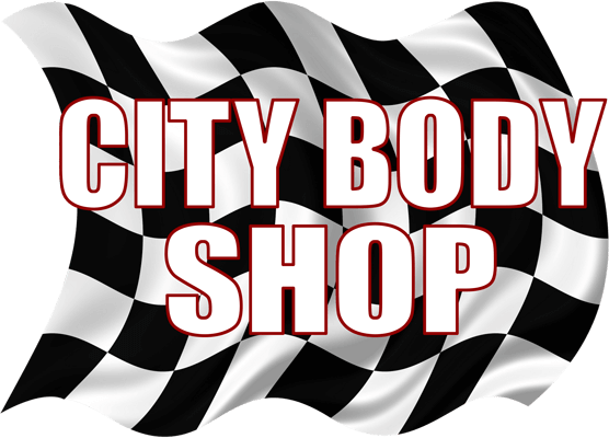 City Body Shop logo over a black-and-white checkered racing flag background