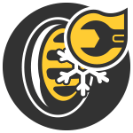 Black-and-yellow logo with a wheel and a hand wrench icon