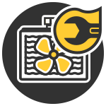 Yellow wrench and flower over a white washing machine icon on a dark circular background