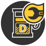 Yellow-and-black technical service icon with gear and “D” on a dark background