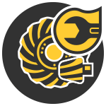 Stylized yellow and black mechanical wheel or gear logo on a dark circular background
