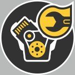 Stylized black-and-yellow mechanical face with gears and wrench in a circular logo