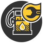 Stylized gas pump icon with yellow wrench and flame on black background