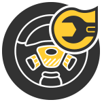 Black circular icon with a yellow wrench and centered network/device symbols.